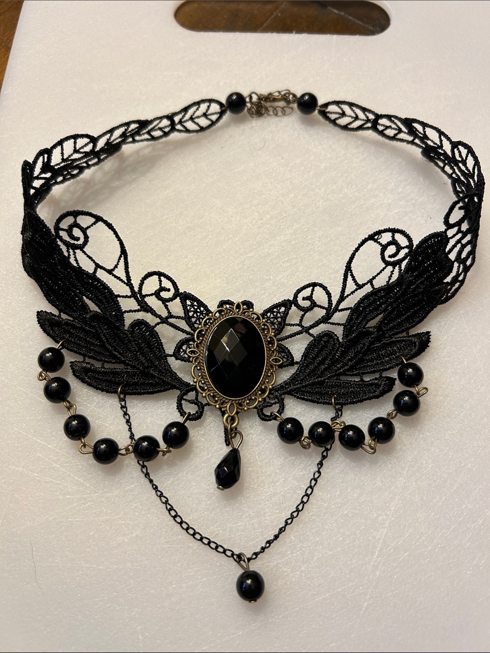 Black Lace Gothic Choker Necklace with Faceted Center